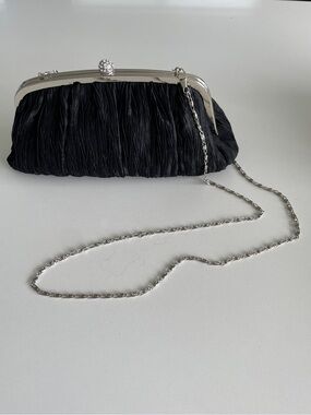 Neiman Marcus Black Ruched Clutch with Silver Chain